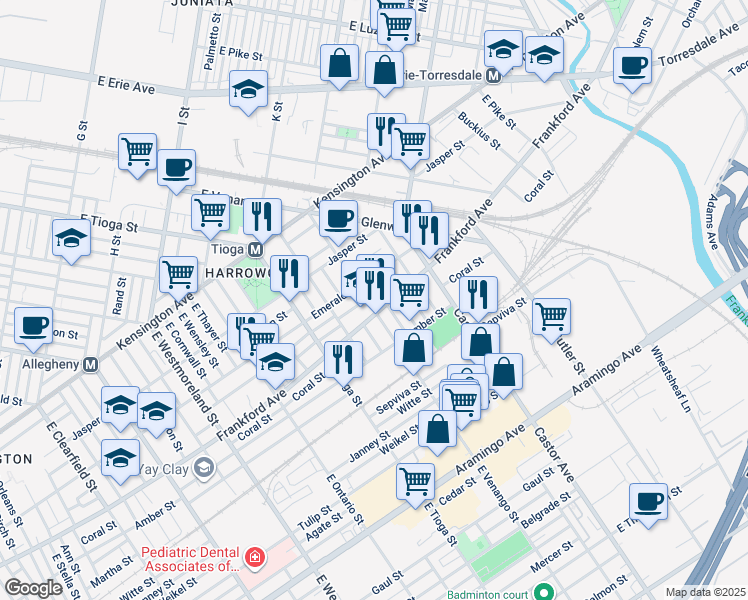 map of restaurants, bars, coffee shops, grocery stores, and more near 2031 East Venango Street in Philadelphia