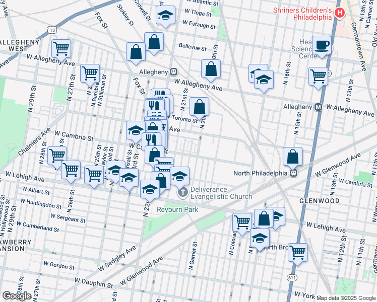 map of restaurants, bars, coffee shops, grocery stores, and more near 2910 North Woodstock Street in Philadelphia