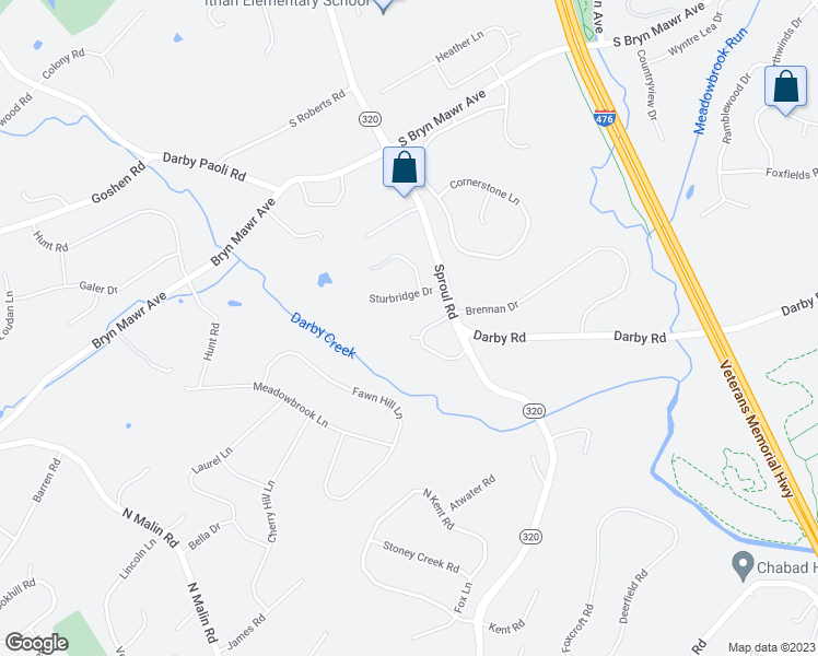 map of restaurants, bars, coffee shops, grocery stores, and more near 5021 Brittany Lane in Bryn Mawr