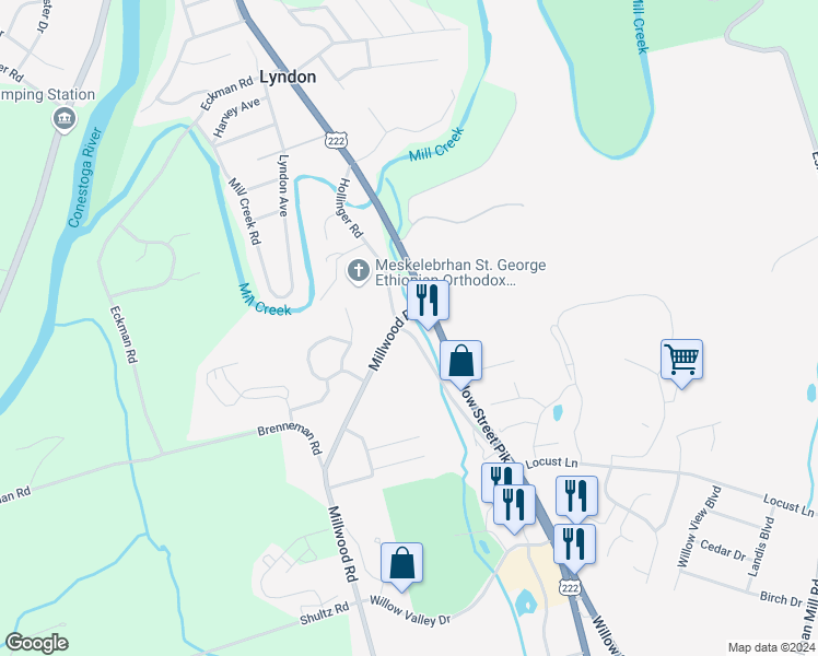 map of restaurants, bars, coffee shops, grocery stores, and more near 2175 Hollinger Road in Lancaster