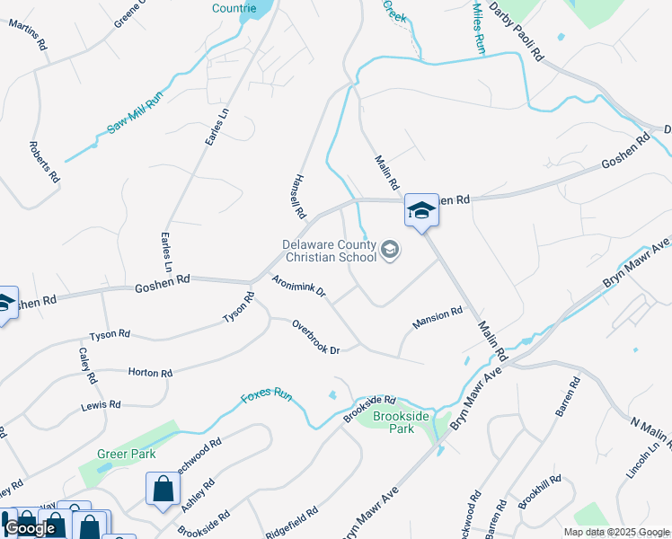 map of restaurants, bars, coffee shops, grocery stores, and more near 136 Hunt Club Lane in Newtown Square