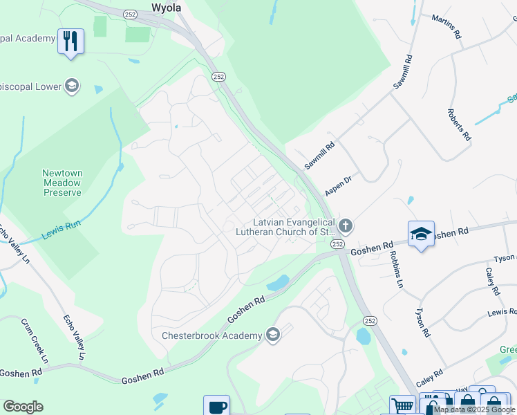 map of restaurants, bars, coffee shops, grocery stores, and more near 3728 Liseter Gardens in Newtown Square