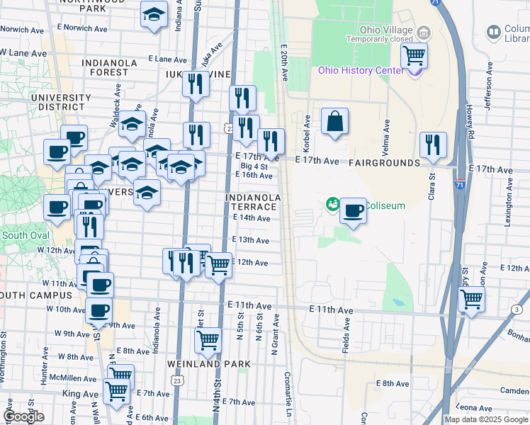 map of restaurants, bars, coffee shops, grocery stores, and more near 415 East 15th Avenue in Columbus
