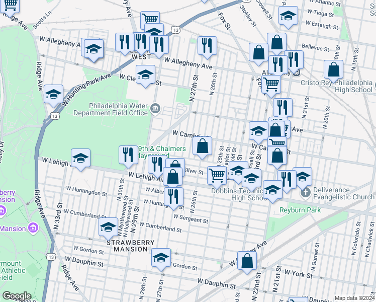 map of restaurants, bars, coffee shops, grocery stores, and more near 2820 North Taney Street in Philadelphia