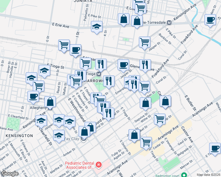map of restaurants, bars, coffee shops, grocery stores, and more near 1863 East Tioga Street in Philadelphia