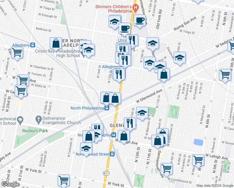 map of restaurants, bars, coffee shops, grocery stores, and more near 3002 North Broad Street in Philadelphia