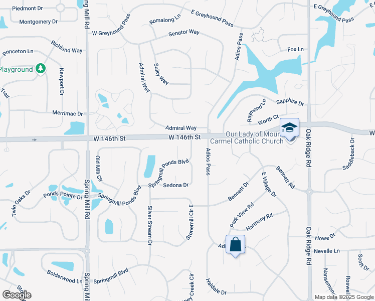 map of restaurants, bars, coffee shops, grocery stores, and more near 1403 Springmill Ponds Boulevard in Carmel