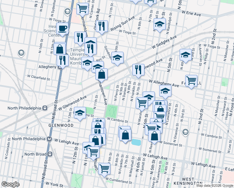 map of restaurants, bars, coffee shops, grocery stores, and more near 3055 North Percy Street in Philadelphia