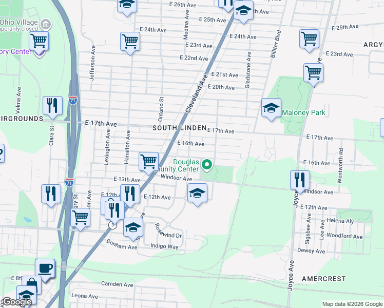 map of restaurants, bars, coffee shops, grocery stores, and more near 1216 East 15th Avenue in Columbus