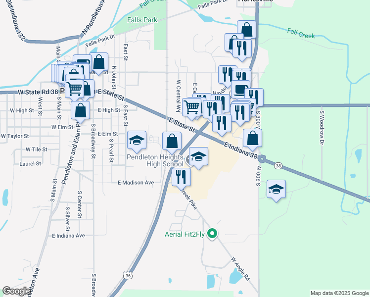 map of restaurants, bars, coffee shops, grocery stores, and more near Indiana 9 in Pendleton