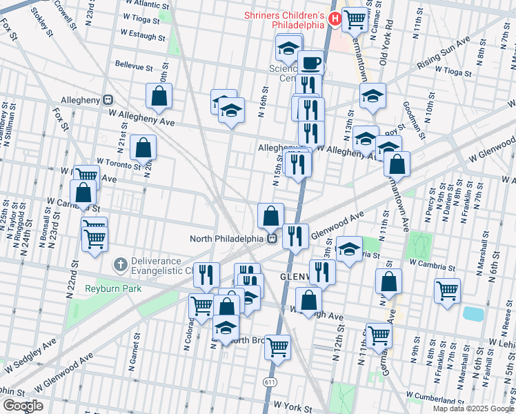 map of restaurants, bars, coffee shops, grocery stores, and more near 2964 North Sydenham Street in Philadelphia