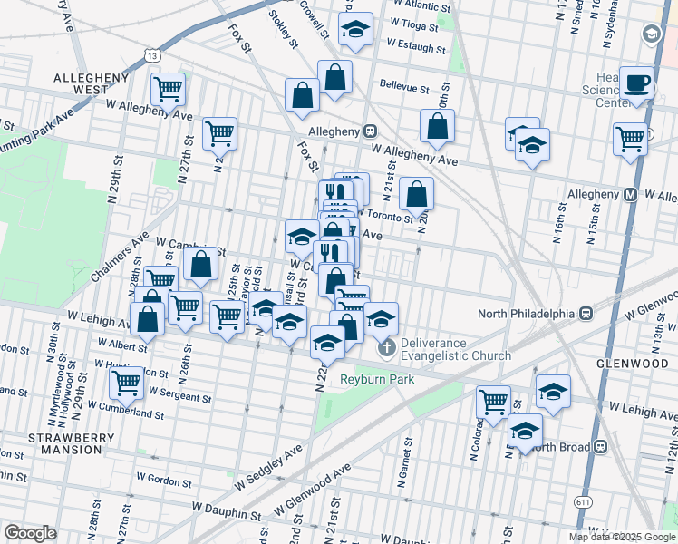 map of restaurants, bars, coffee shops, grocery stores, and more near N 22nd St & W Cambria St in Philadelphia