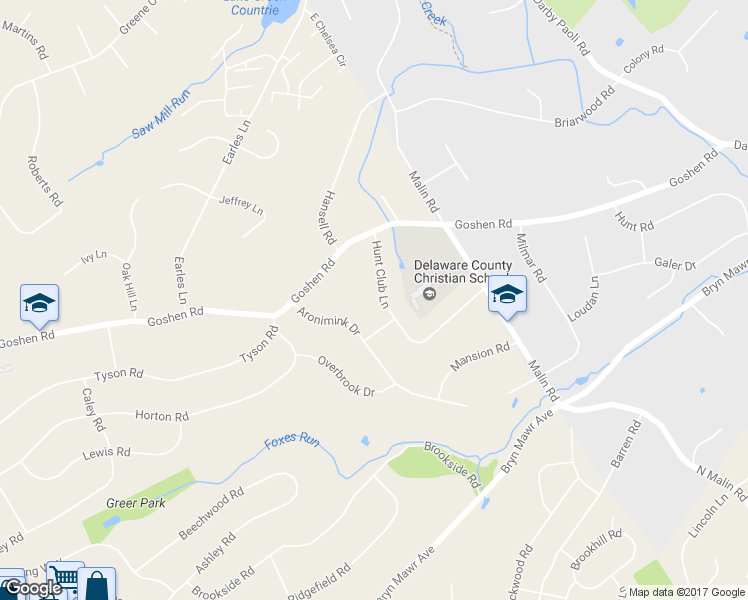map of restaurants, bars, coffee shops, grocery stores, and more near 136 Hunt Club Lane in Newtown Square