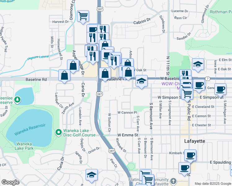 map of restaurants, bars, coffee shops, grocery stores, and more near 860 West Baseline Road in Lafayette