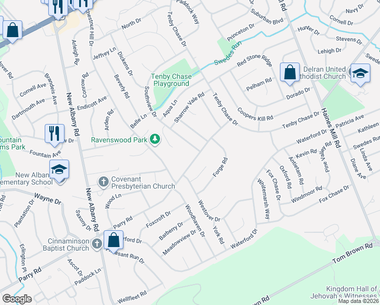 map of restaurants, bars, coffee shops, grocery stores, and more near 277 Southview Drive in Delran