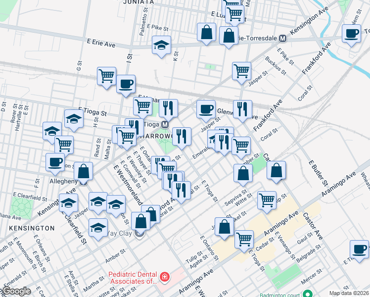 map of restaurants, bars, coffee shops, grocery stores, and more near 1863 East Tioga Street in Philadelphia