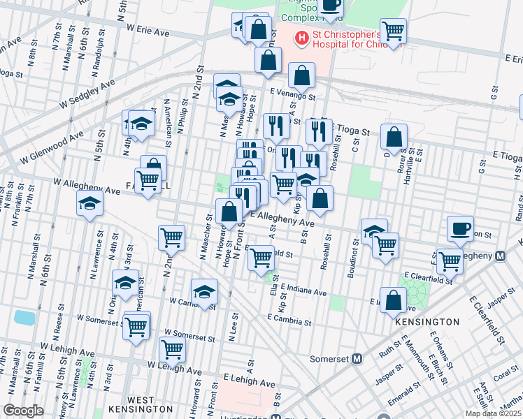 map of restaurants, bars, coffee shops, grocery stores, and more near 129 East Allegheny Avenue in Philadelphia