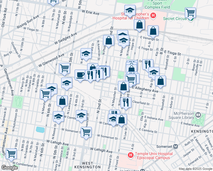 map of restaurants, bars, coffee shops, grocery stores, and more near 169 West Allegheny Avenue in Philadelphia