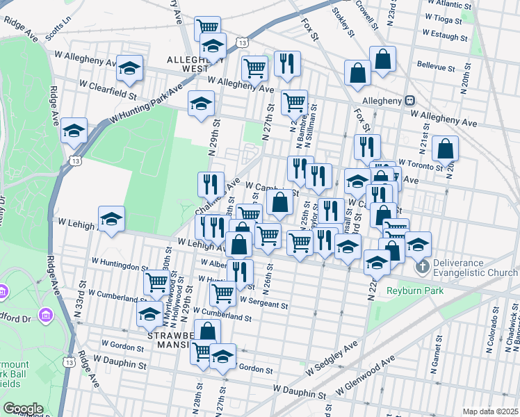 map of restaurants, bars, coffee shops, grocery stores, and more near 2838 North Bailey Street in Philadelphia