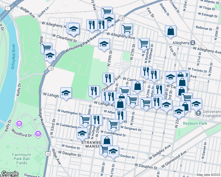 map of restaurants, bars, coffee shops, grocery stores, and more near 2815 West Somerset Street in Philadelphia