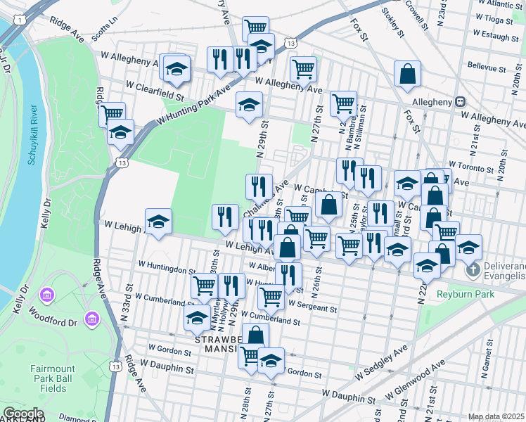 map of restaurants, bars, coffee shops, grocery stores, and more near 2817 West Somerset Street in Philadelphia