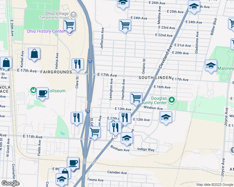 map of restaurants, bars, coffee shops, grocery stores, and more near 968 East 15th Avenue in Columbus
