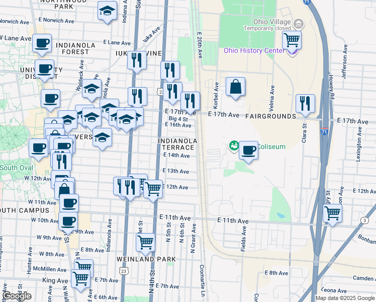 map of restaurants, bars, coffee shops, grocery stores, and more near 415 East 15th Avenue in Columbus