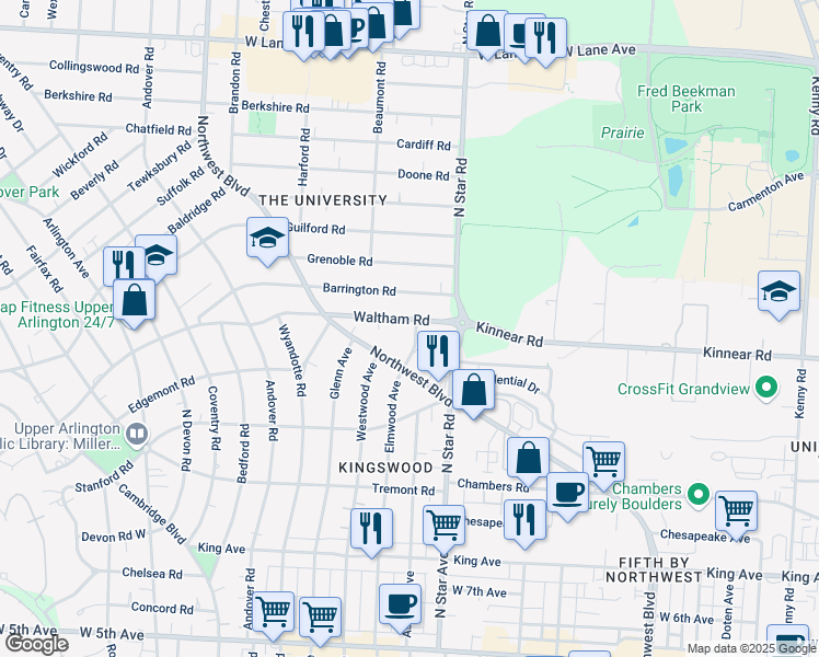 map of restaurants, bars, coffee shops, grocery stores, and more near 1566 Waltham Road in Upper Arlington
