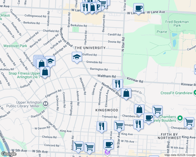 map of restaurants, bars, coffee shops, grocery stores, and more near 1607 Waltham Road in Columbus