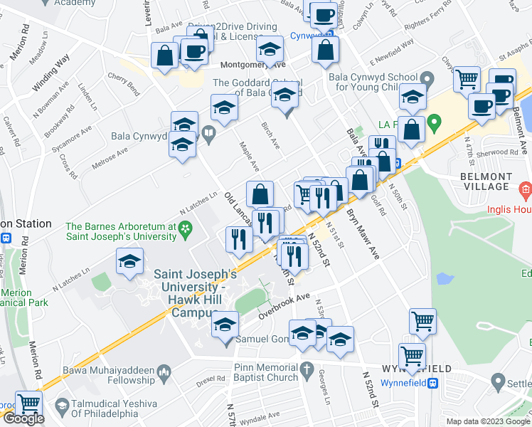 map of restaurants, bars, coffee shops, grocery stores, and more near 34 Oakland Terrace in Bala Cynwyd