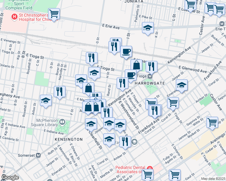 map of restaurants, bars, coffee shops, grocery stores, and more near 3337 Argyle Street in Philadelphia