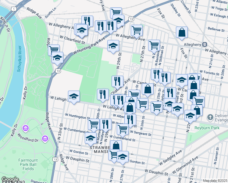 map of restaurants, bars, coffee shops, grocery stores, and more near N 29th St & Chalmers Ave in Philadelphia