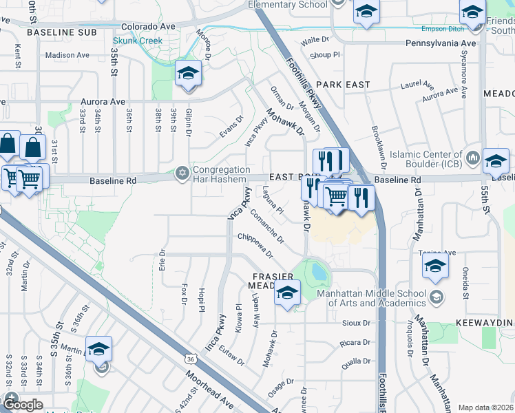 map of restaurants, bars, coffee shops, grocery stores, and more near in Boulder