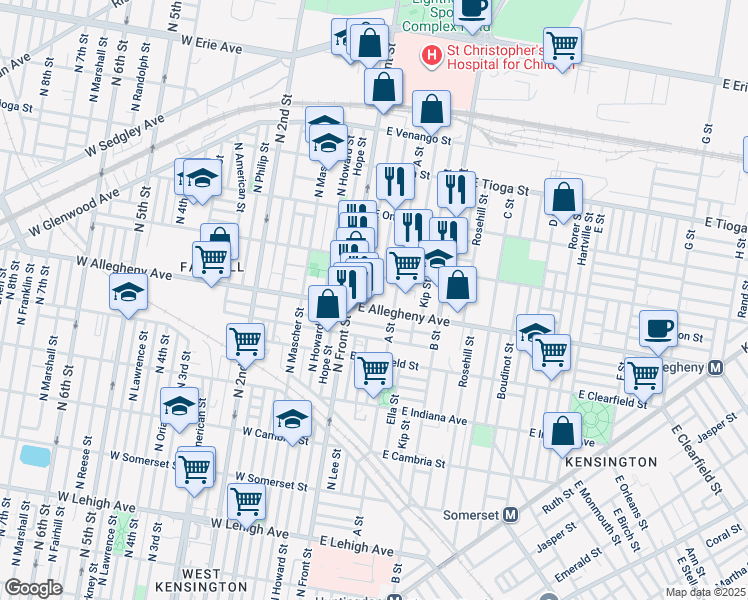 map of restaurants, bars, coffee shops, grocery stores, and more near 129 East Allegheny Avenue in Philadelphia