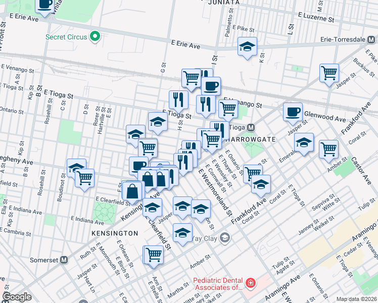 map of restaurants, bars, coffee shops, grocery stores, and more near 3337 Argyle Street in Philadelphia