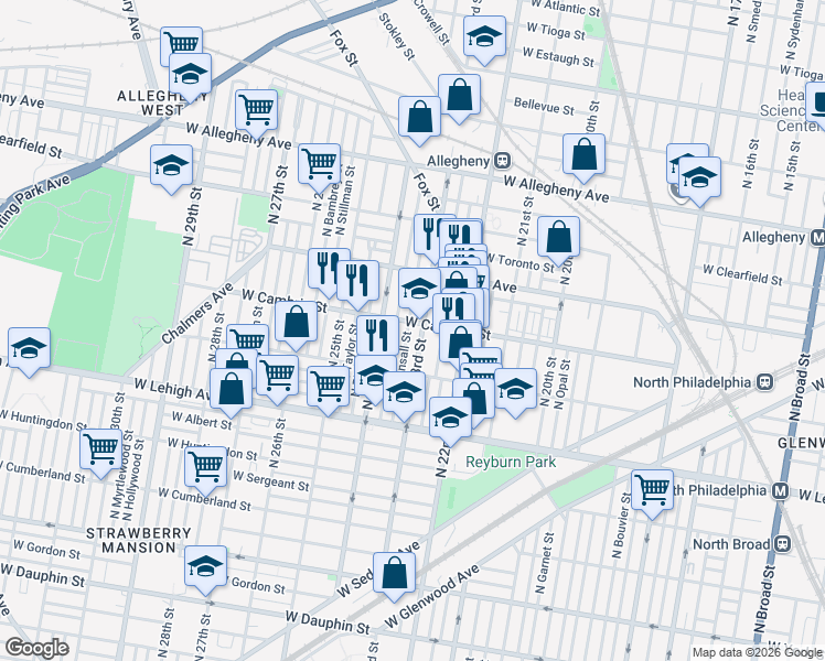 map of restaurants, bars, coffee shops, grocery stores, and more near 2863 North Judson Street in Philadelphia