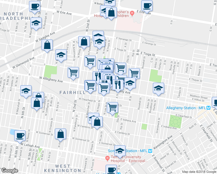 map of restaurants, bars, coffee shops, grocery stores, and more near 113 East Allegheny Avenue in Philadelphia