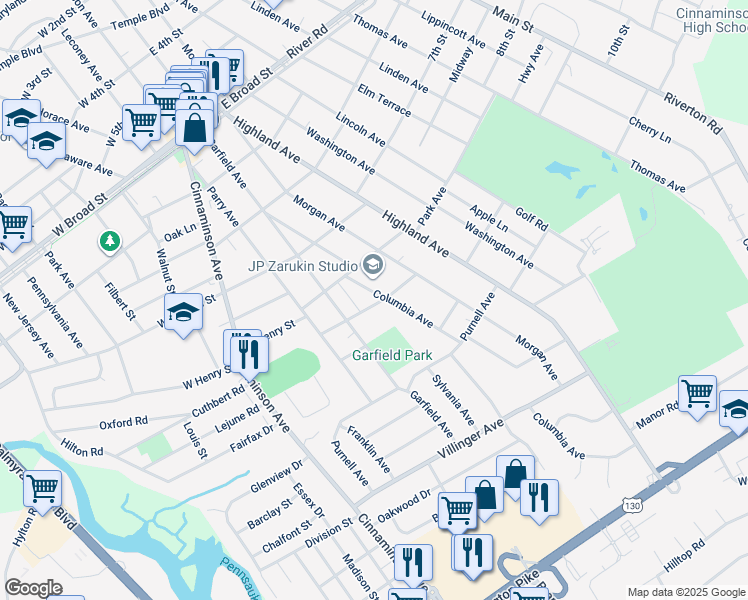 map of restaurants, bars, coffee shops, grocery stores, and more near 1009 Columbia Avenue in Palmyra
