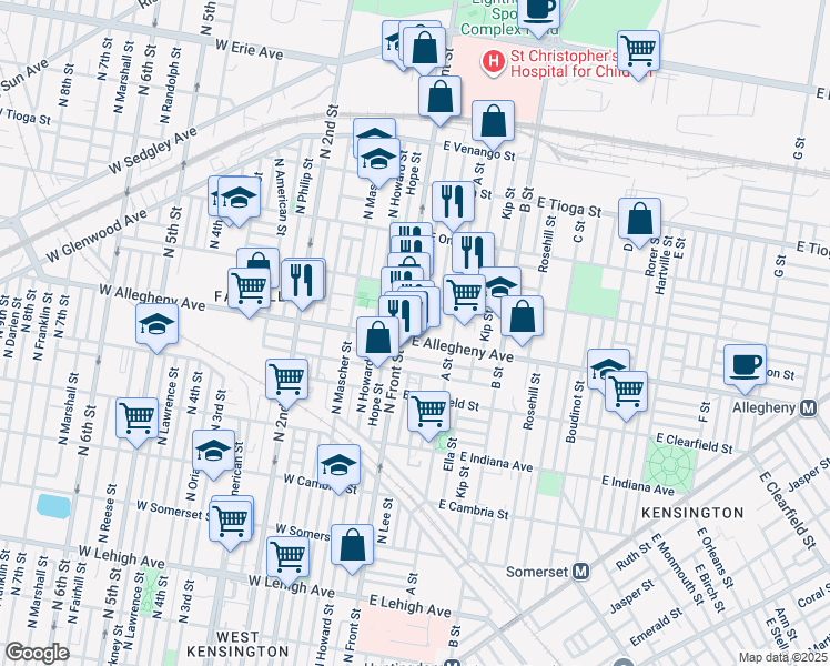 map of restaurants, bars, coffee shops, grocery stores, and more near 113 East Allegheny Avenue in Philadelphia