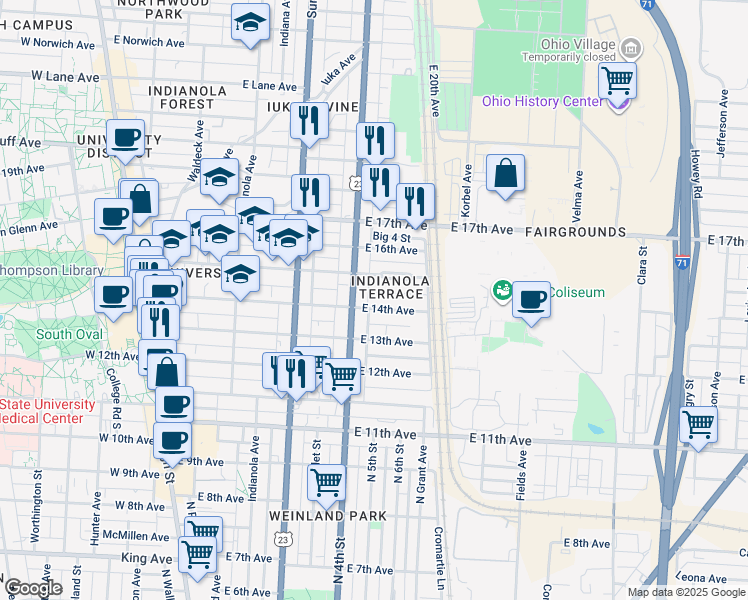 map of restaurants, bars, coffee shops, grocery stores, and more near 358 East 14th Avenue in Columbus