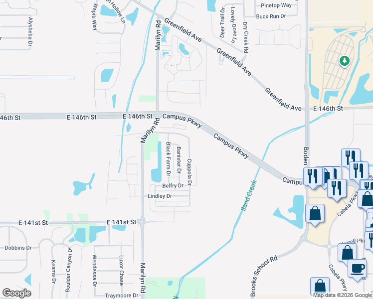 map of restaurants, bars, coffee shops, grocery stores, and more near 14427 Cuppola Drive in Noblesville