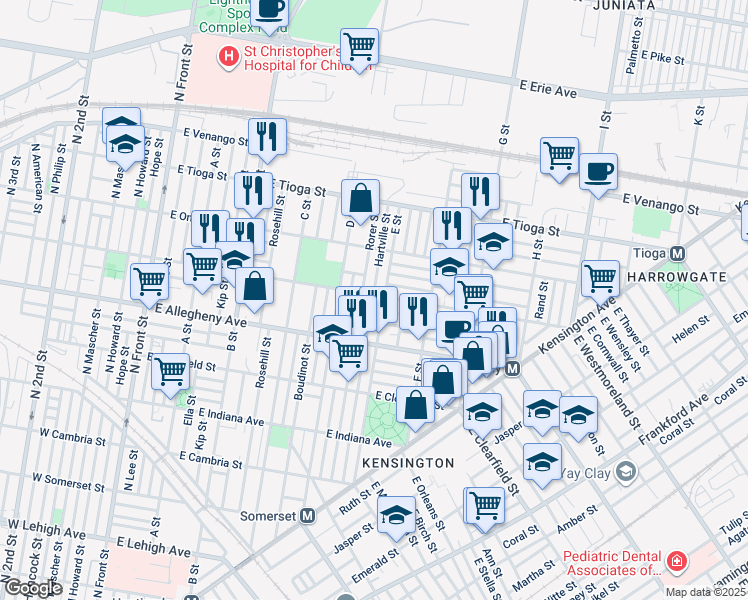 map of restaurants, bars, coffee shops, grocery stores, and more near 536 East Westmoreland Street in Philadelphia