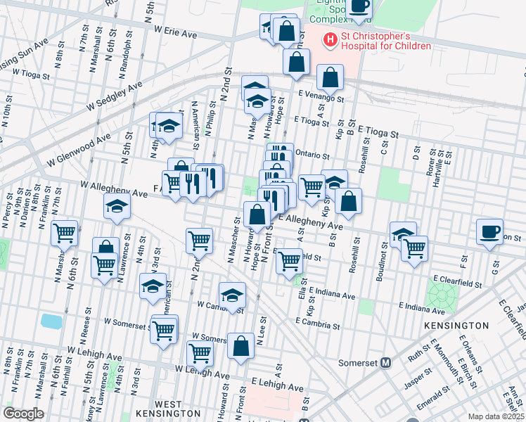 map of restaurants, bars, coffee shops, grocery stores, and more near 113 West Allegheny Avenue in Philadelphia