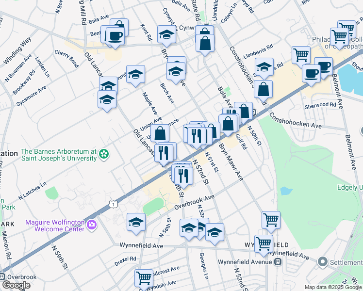 map of restaurants, bars, coffee shops, grocery stores, and more near 124 Edgehill Road in Bala Cynwyd