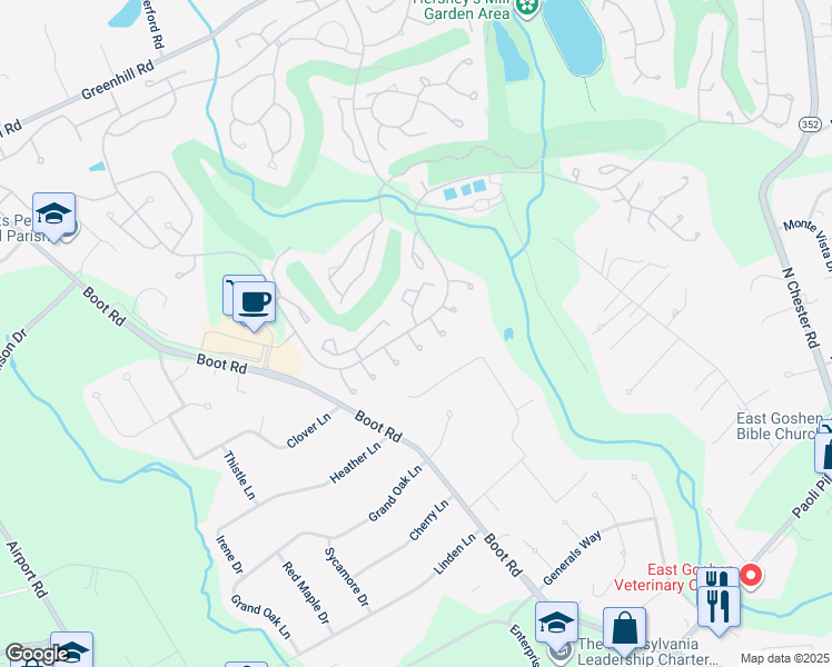 map of restaurants, bars, coffee shops, grocery stores, and more near 1474 Quaker Ridge in West Chester