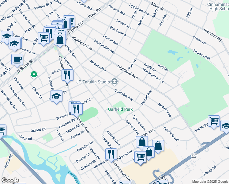 map of restaurants, bars, coffee shops, grocery stores, and more near 1009 Columbia Avenue in Palmyra