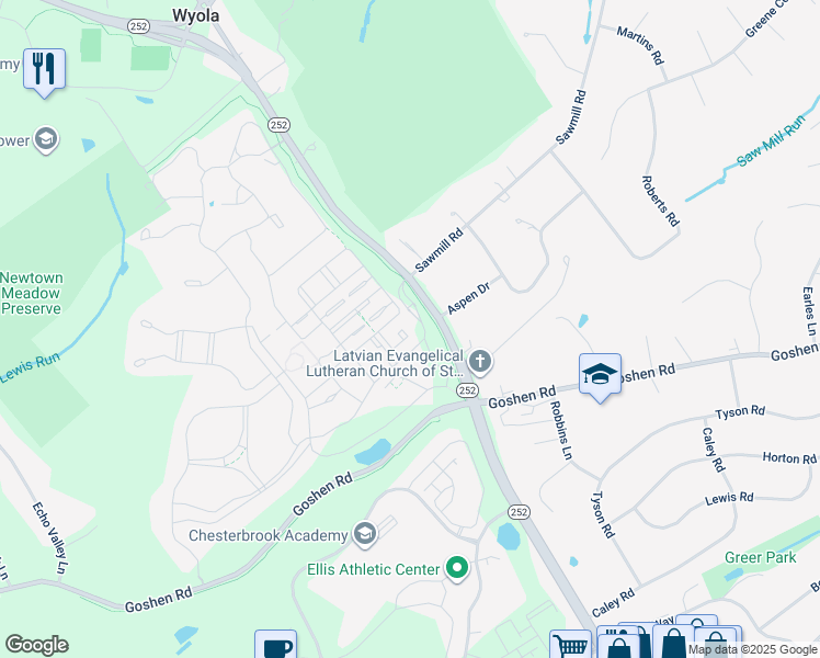 map of restaurants, bars, coffee shops, grocery stores, and more near 3700 Chase Court in Newtown Square