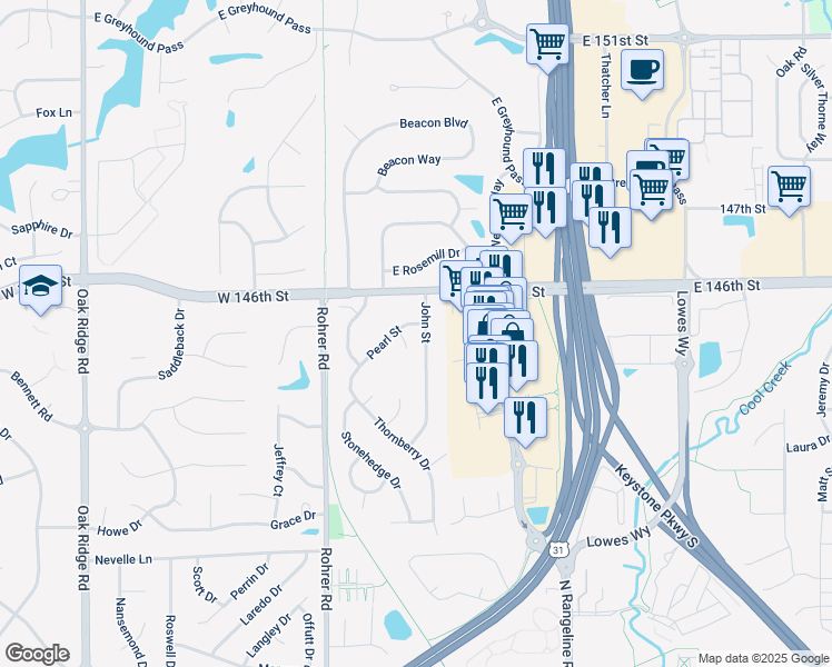 map of restaurants, bars, coffee shops, grocery stores, and more near 210 John Street in Carmel