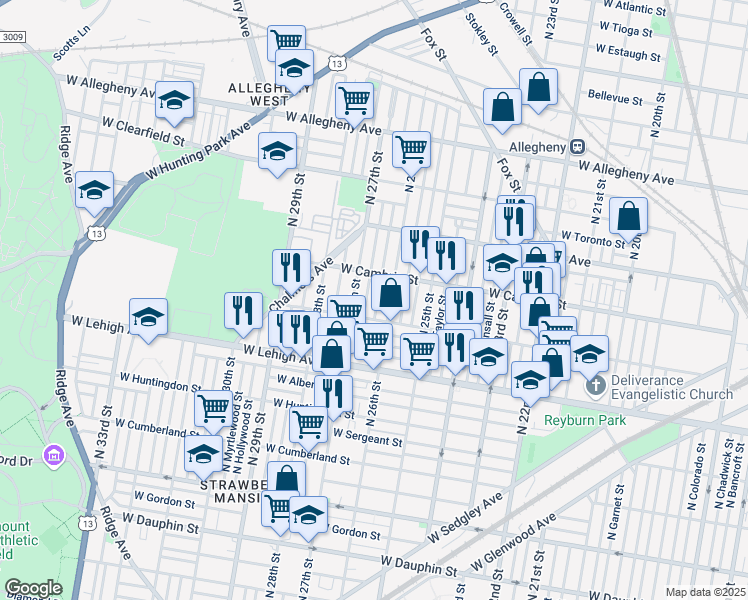 map of restaurants, bars, coffee shops, grocery stores, and more near 2826 North Bailey Street in Philadelphia