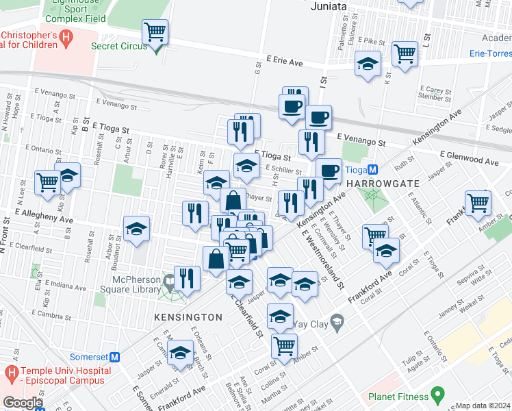 map of restaurants, bars, coffee shops, grocery stores, and more near 843 East Cornwall Street in Philadelphia